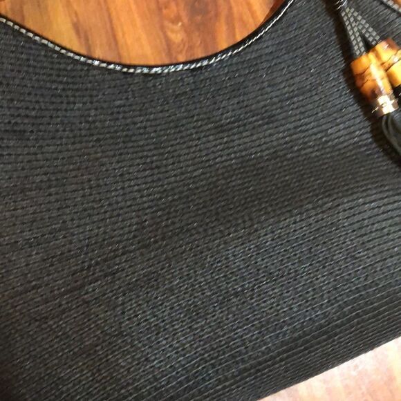 Talbots Black leather and Jute bamboo tassel hobo handbag. - Picture 6 of 8